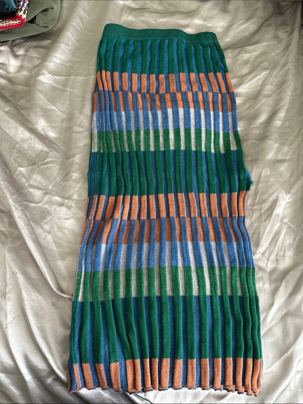 Striped Ribbed Midi Skirt in Green, Blue & Orange